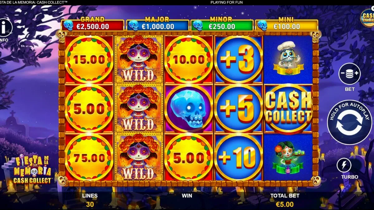 Tampilan visual slot Fiesta de la Memoria Cash Collect dengan tema neon Día de los Muertos
