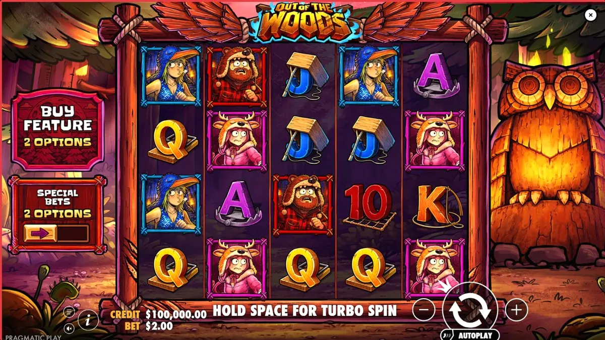 Tampilan visual slot Out of the Woods dengan tema hutan dan karakter hewan