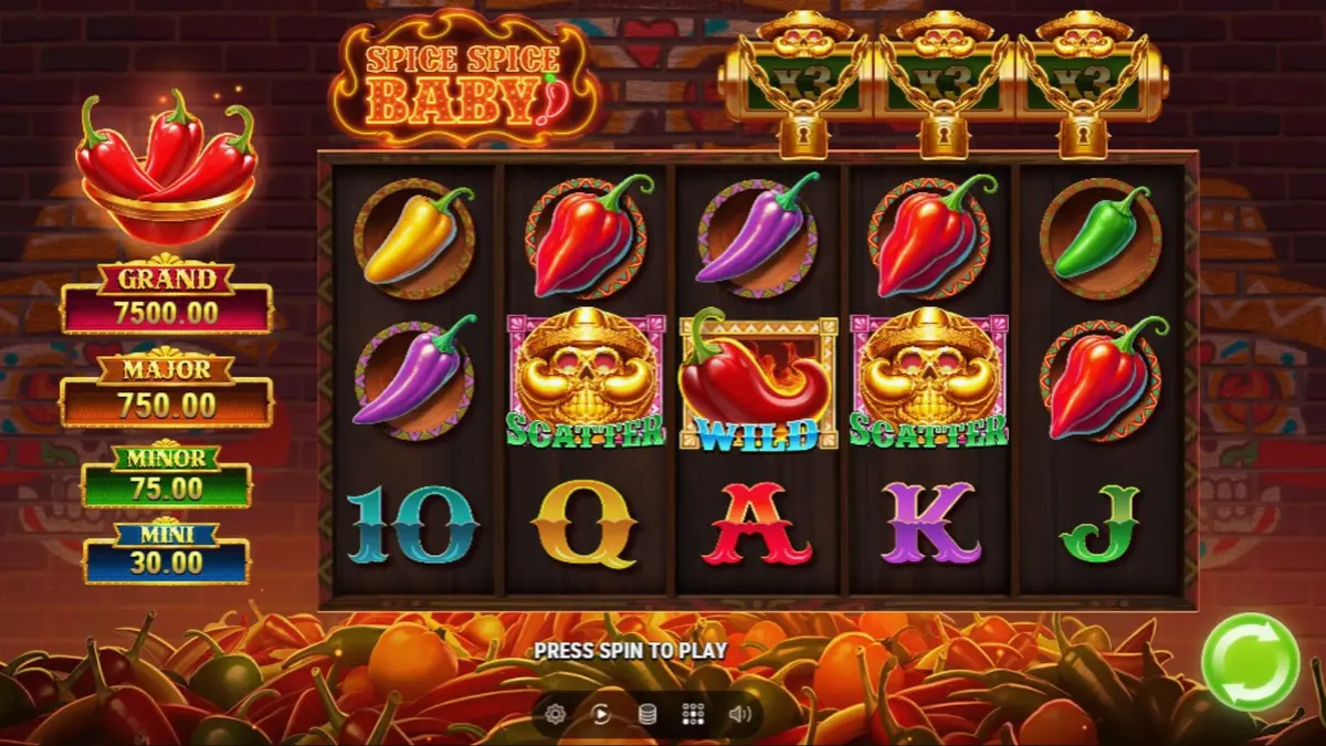 Tampilan visual mesin slot Spice Spice Baby dengan tema cabai Meksiko